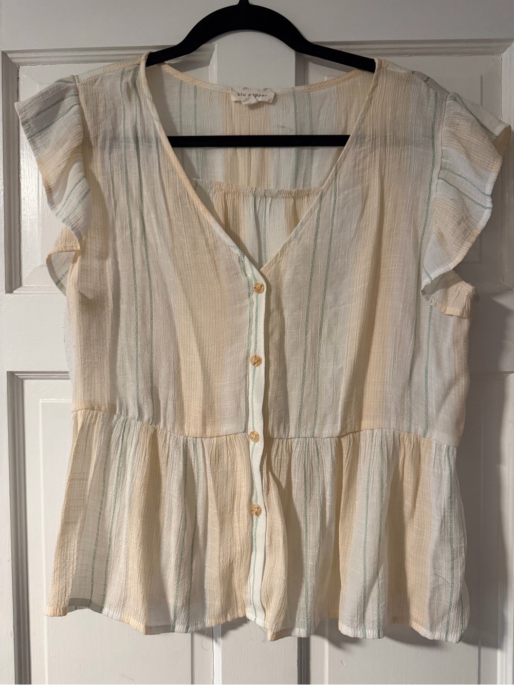 Blu Pepper Cream Peplum Button-Front Blouse with Mint Stripes